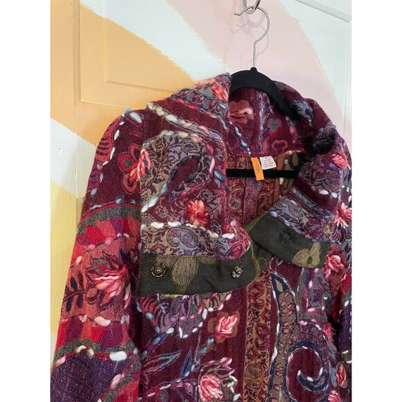 SAINU Wool Embroidered Boho Coat Jacket Burgundy Floral Paisley Size M - Picture 8 of 13